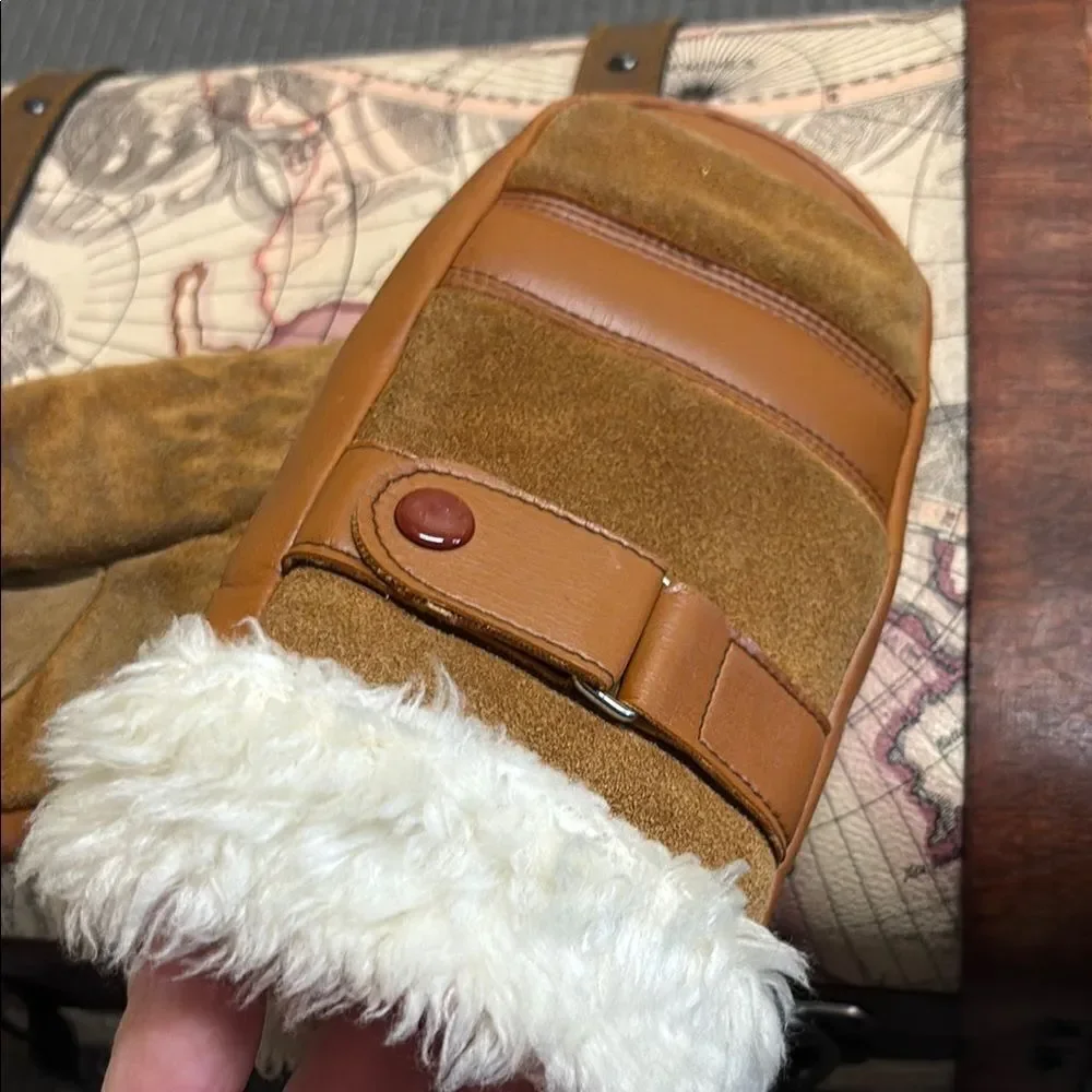 100% genuine leather Brown and Tan Mittens with Faux Fur Trim